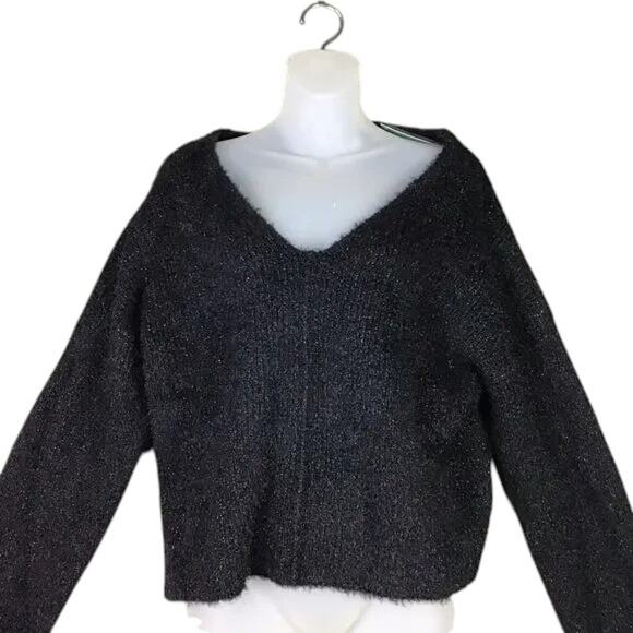 Nordstroms NWT Abound Cropped Black Sparkle V-Neck Cropped Sweater Pullover LRG - Picture 1 of 13